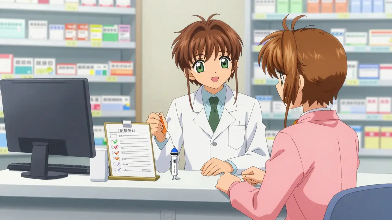 Anime character and a pharmacist discussing a medication safety plan in a pharmacy.