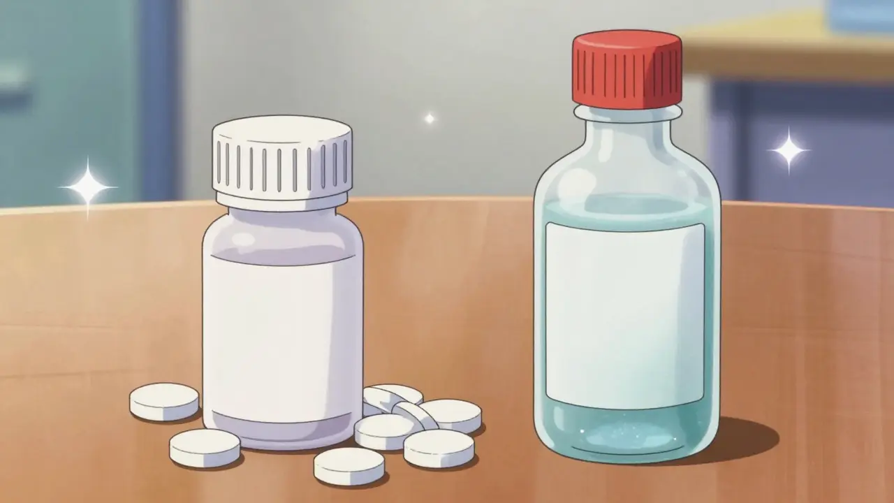 Anime illustration comparing stable tablets and cloudy expired liquid medication