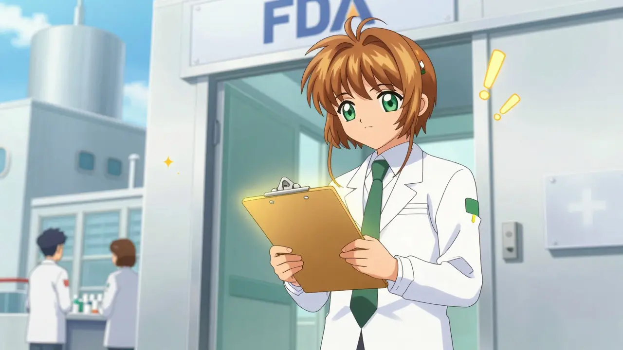 Anime style FDA inspector with a glowing clipboard arriving at a modern drug manufacturing plant.