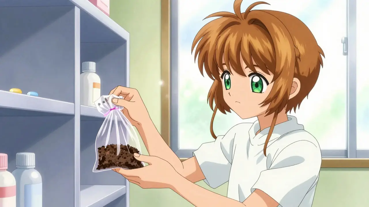 Anime style person safely disposing of expired medication into a sealed bag
