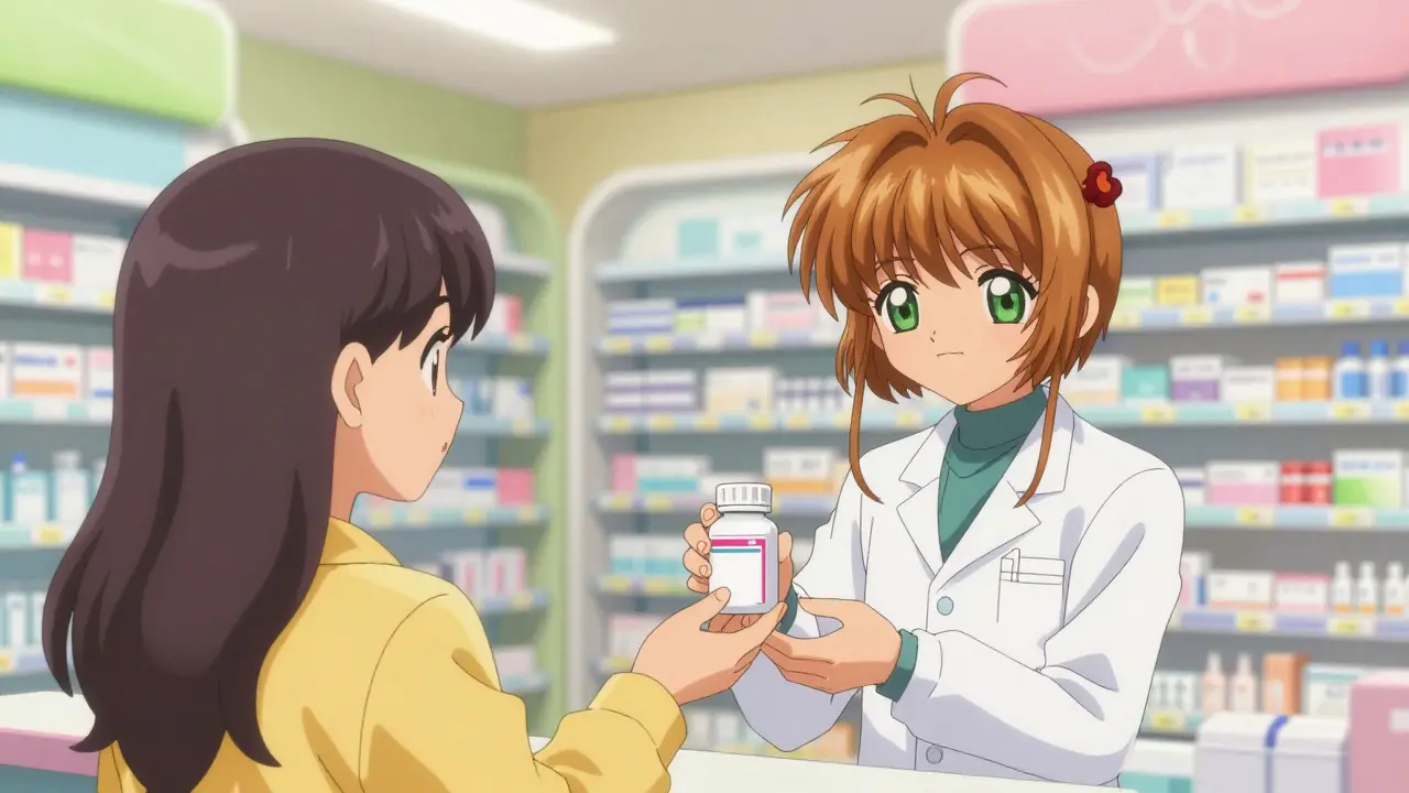 Anime style pharmacist handing a prescription medication bottle to a customer