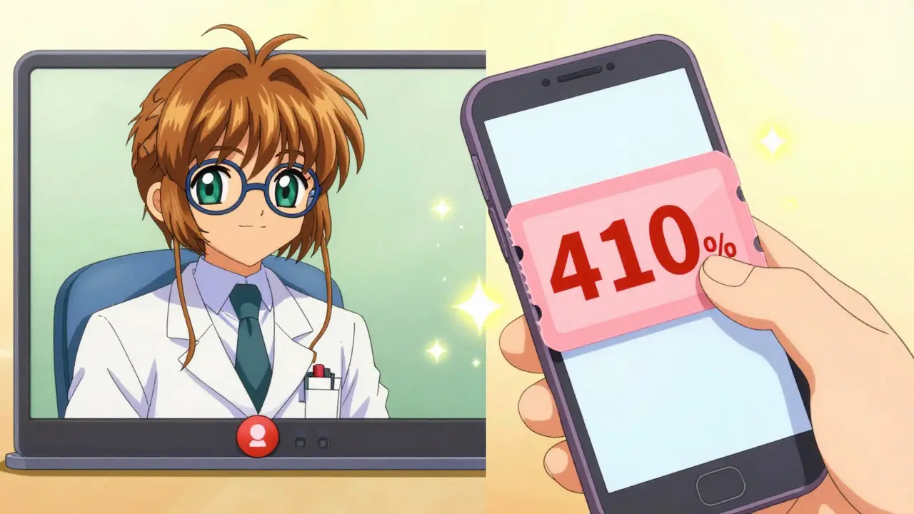 Anime style split screen showing a doctor on a video call and a digital discount coupon