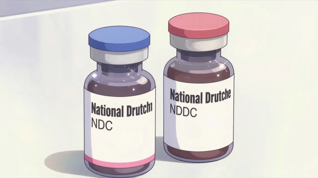 Close-up anime illustration of two medicine bottles highlighting the difference in NDC labeler codes