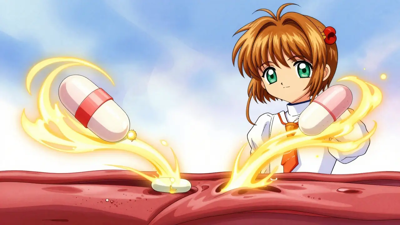 Conceptual anime illustration showing two identical energy flows from different pills.