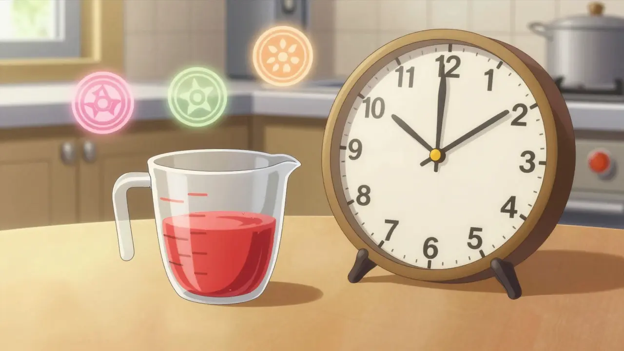 Cozy kitchen table with juice measure and clock for safe timing.