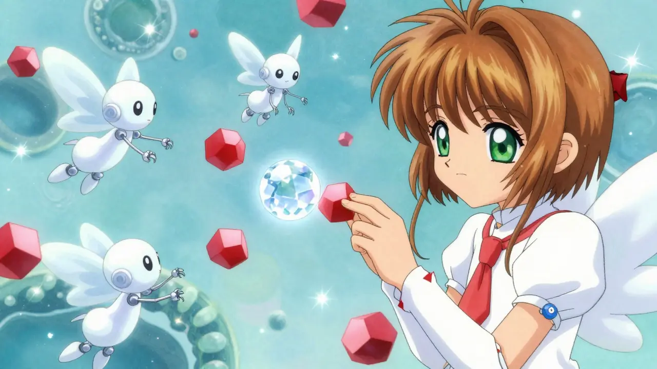 Fairy guardian enzymes blocked by red geometric particles in blue space.