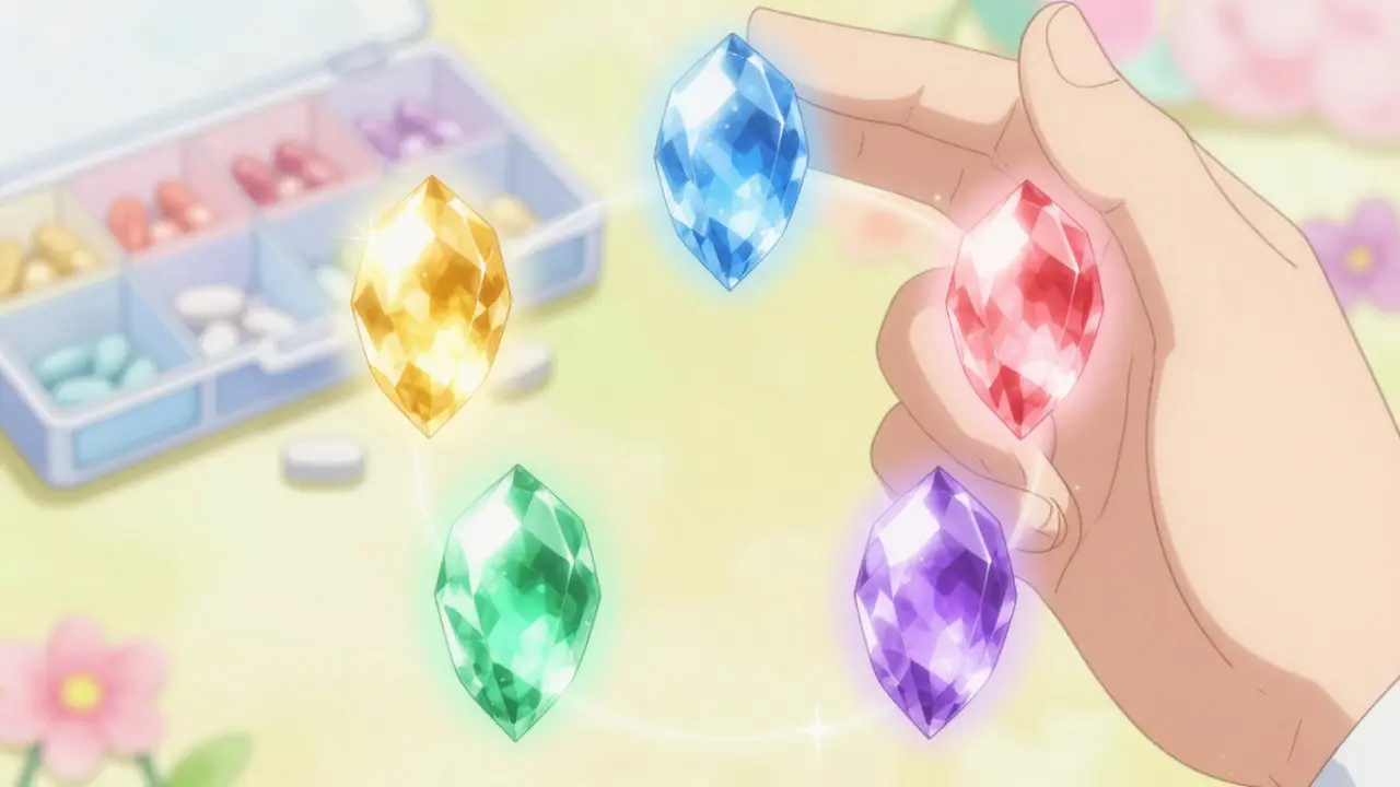 Four glowing magical gems representing the four pillars of heart failure medication