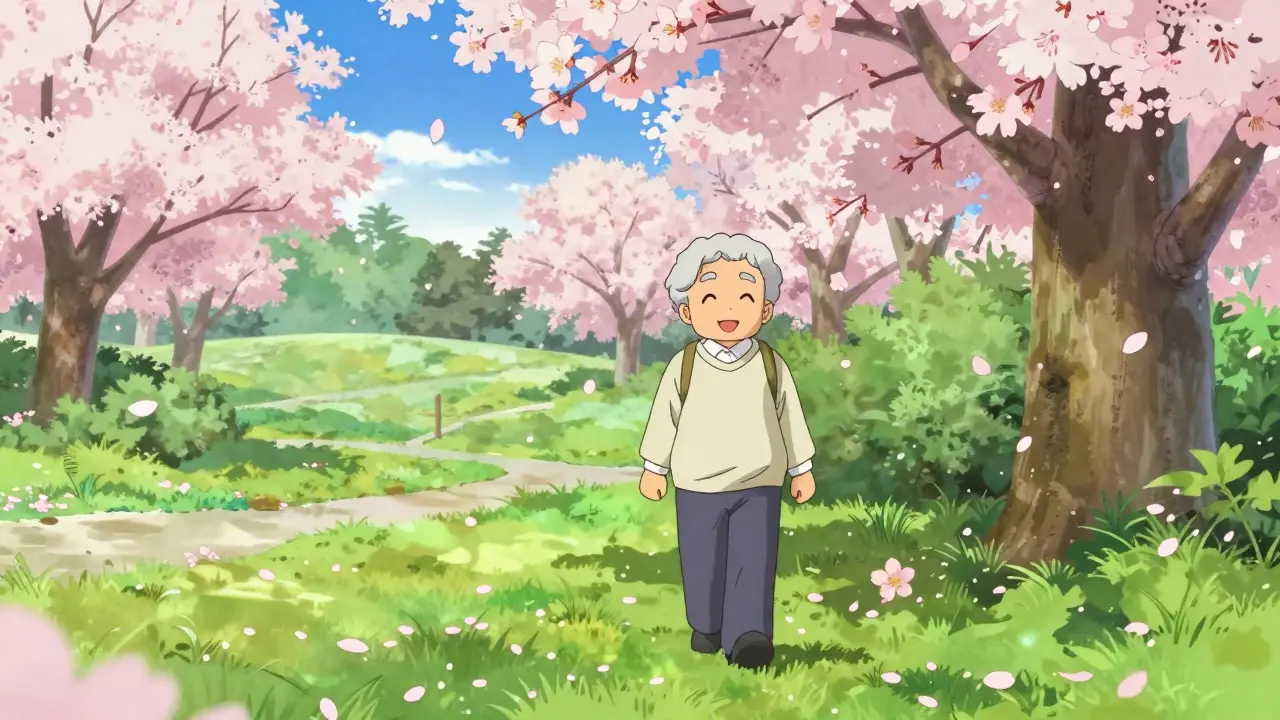 Happy person walking in a cherry blossom park symbolizing heart recovery