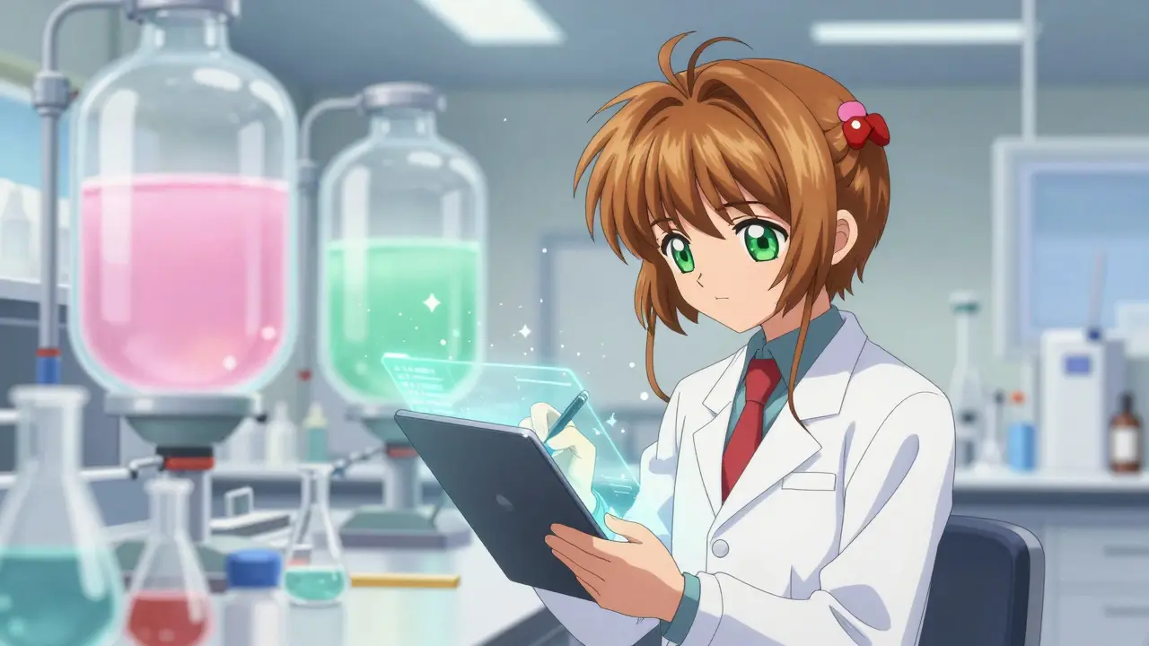 Lab worker in anime style carefully logging data in a sparkling clean, pastel-colored pharmacy.