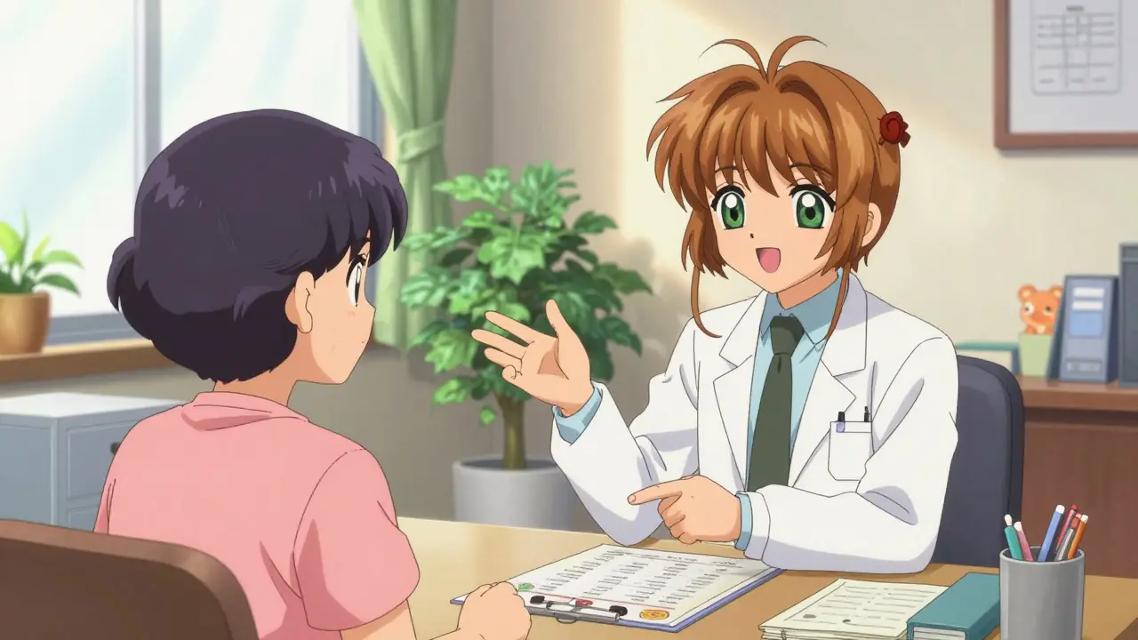 Patient and doctor discussing affordable medication alternatives in a sunny office.