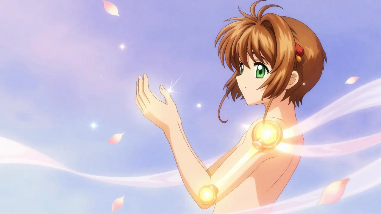 Person surrounded by a healing glow and sparkling petals symbolizing recovery