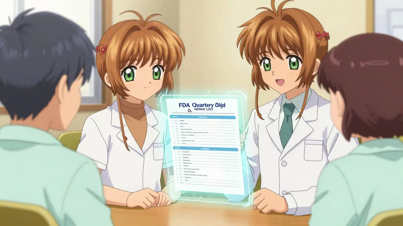 Pharmacist and patient viewing a glowing FDA authorized generic list in a soft anime style