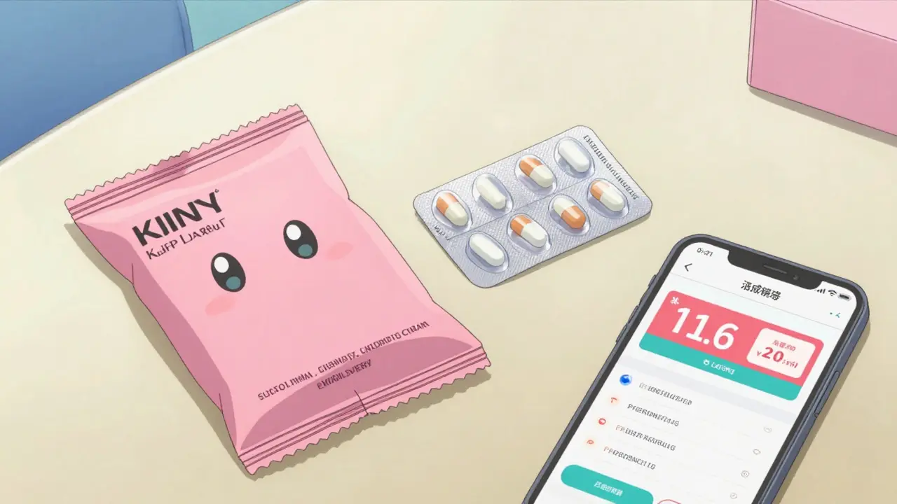 Pharmacy delivery package and medicine blister pack on a desk with a phone